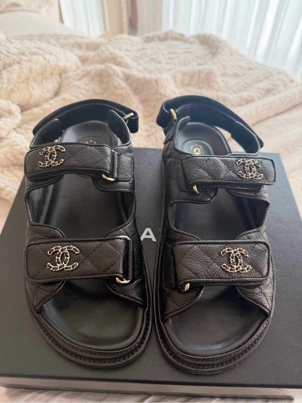 CHANEL Black Quilted Leather CC Logo Velcro Sandals